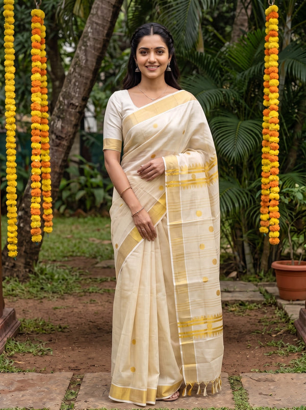 Tissue Cream Golden Polka Dot Zigzag Pallu Onam Kerala Saree