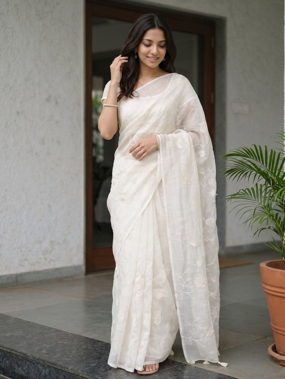 Organza Ivory Bird and Floral Embroidered Saree