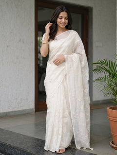 Organza Ivory Bird and Floral Embroidered Saree