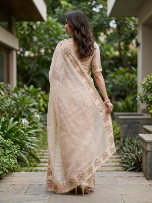 Organza Beige Saree with Cross-Stitch Parrot Floral Border