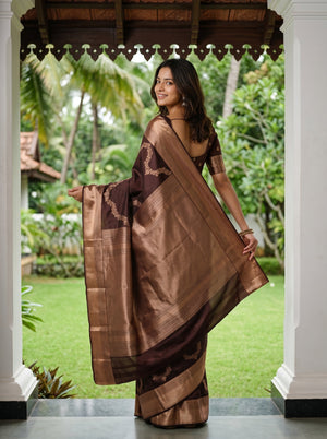 Kanjivaram Silk Dark Brown Floral Wave Pattern Saree with Rose Gold Zari Border