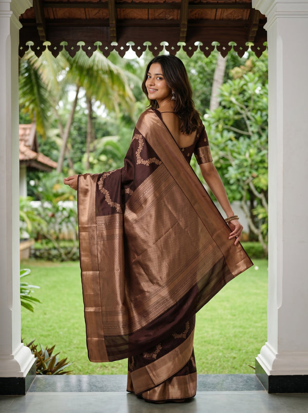 Kanjivaram Silk Dark Brown Floral Wave Pattern Saree with Rose Gold Zari Border