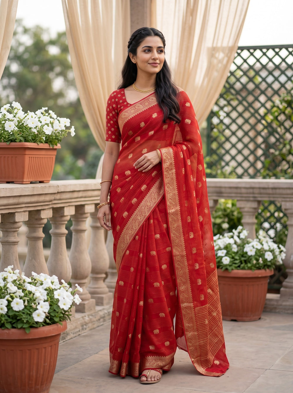 Semi Georgette Banarasi  Red Gold Zari Elephant Motif Paisley Border Saree
