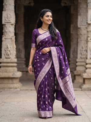 Banarasi Silk Deep Purple Silver Zari Floral Framed Panel Saree with Tassels