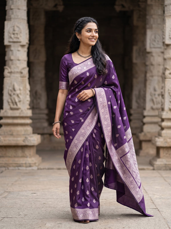 Banarasi Silk Deep Purple Silver Zari Floral Framed Panel Saree with Tassels