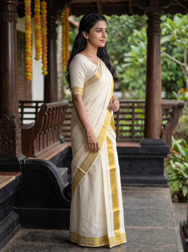 A woman wearing a cream-colored cotton saree with gold zari borders and a matching cream blouse, standing in a traditional wooden porch with green foliage in the background.