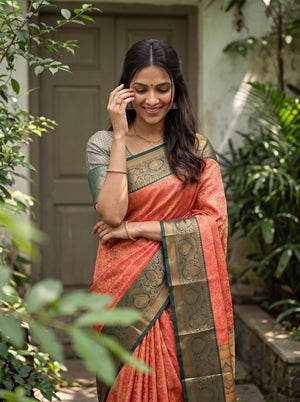 Semi Silk Rust Orange Gold Floral Jaal Saree with Green Temple Border