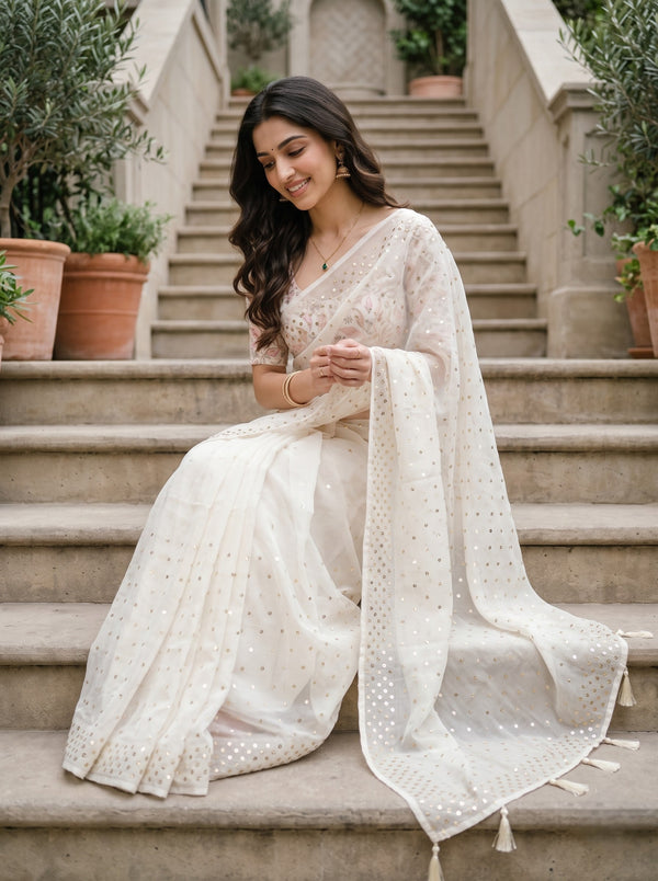 Organza Off-White Scattered Sequin Saree with Tassel Pallu