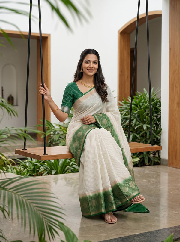 Semi Chanderi Off White Green Shaded Border Zari Medallion Saree