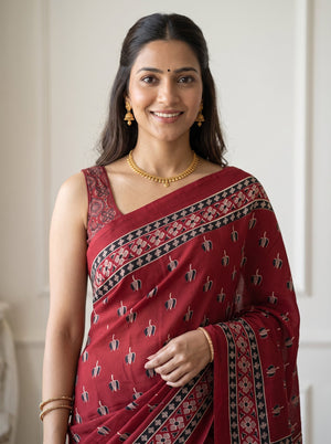 Synthetic Red Floral Booti Print Saree with Black White Ethnic Border