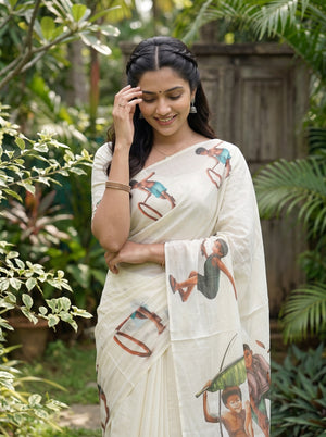 Cotton Cream Kids Playing Gilli Danda Print Onam Kerala Saree