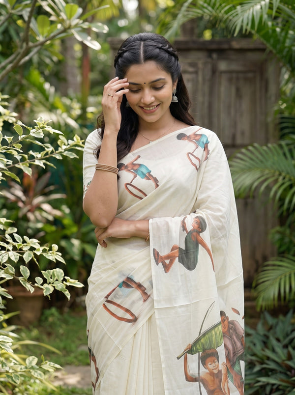 Cotton Cream Kids Playing Gilli Danda Print Onam Kerala Saree