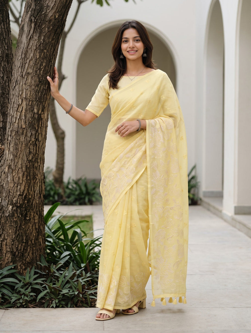 Pure Chanderi Yellow Saree with White Floral Embroidery