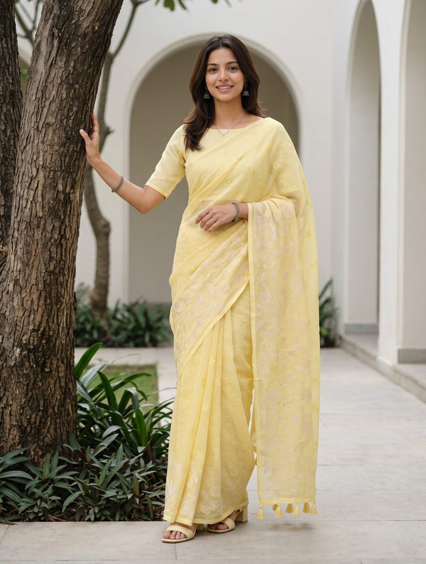 Pure Chanderi Yellow Saree with White Floral Embroidery