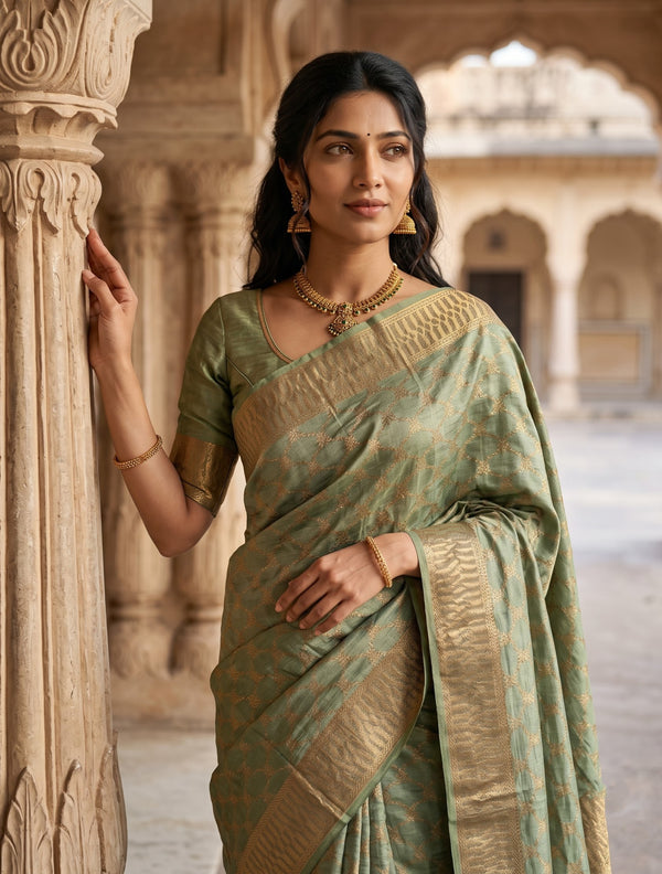 Tussar Silk Sage Green Saree with Antique Zari Lattice Jaal Weave