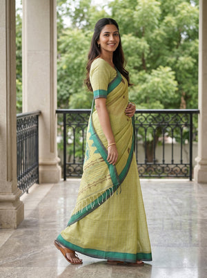 Cotton Lime Green Teal Border Handloom Booti Saree