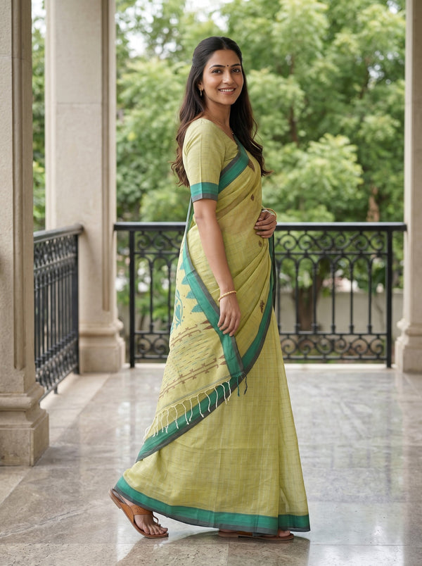 Cotton Lime Green Teal Border Handloom Booti Saree