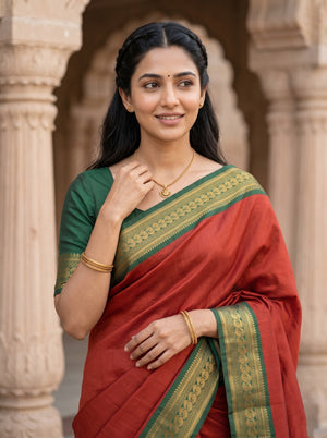 Semi Silk Red Golden Pinstripe Saree with Green Zari Border
