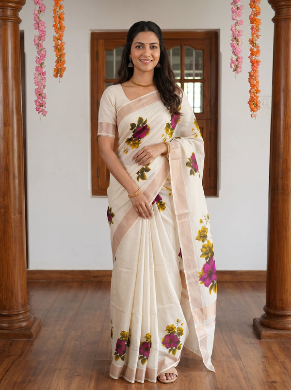 A woman modeling a cream-colored cotton saree with a floral print in purple, yellow, and green, standing in a decorated indoor setting with wooden pillars and garlands.