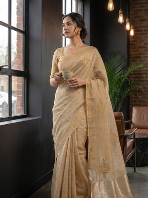 Linen Beige Saree with Golden Beadwork Floral Vine Motifs and Tasseled Pallu