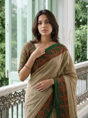 Cotton Beige Saree with Green and Orange Floral Motif Print