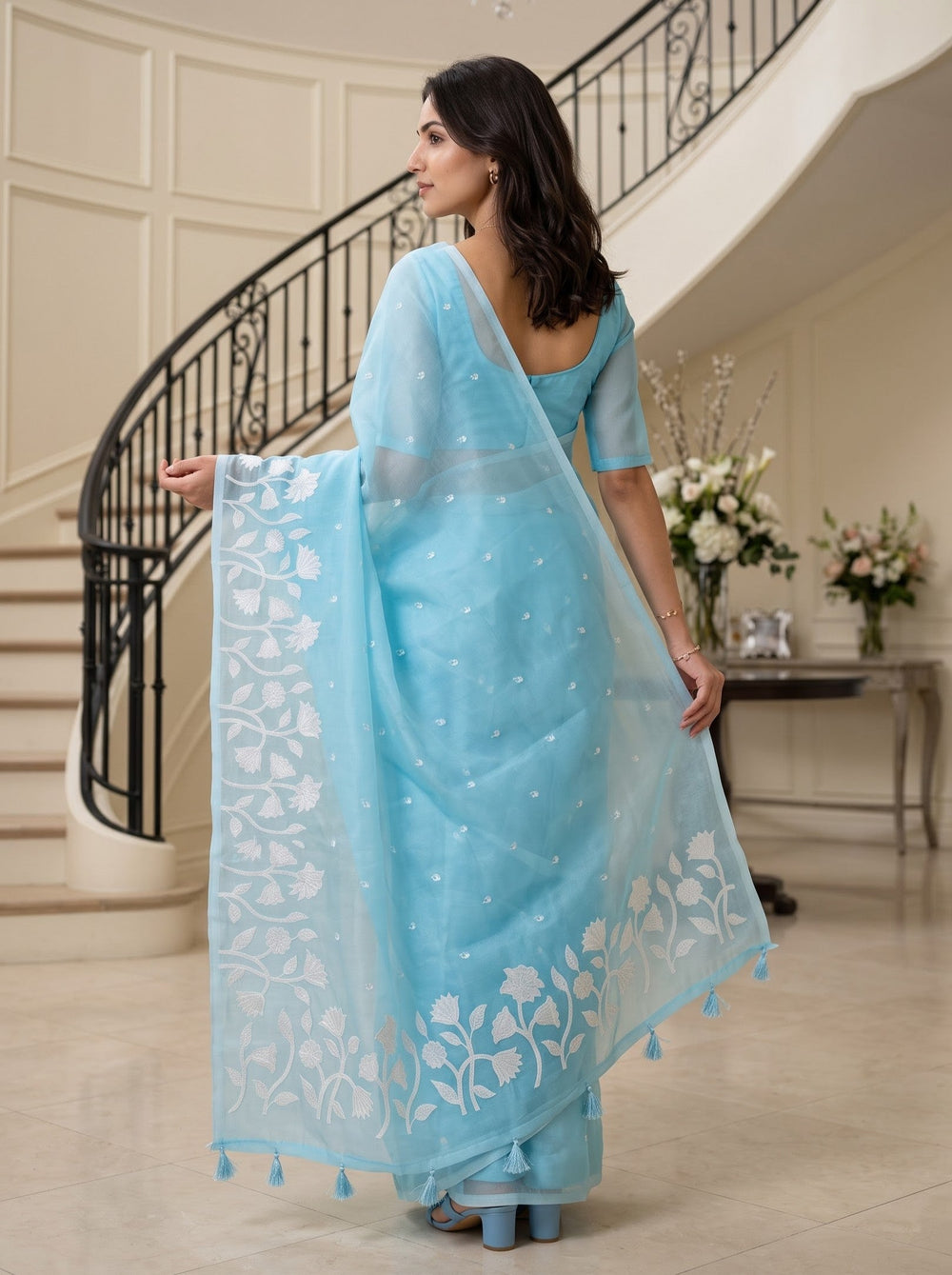 Organza Sky Blue Saree with White Floral Vine Embroidery
