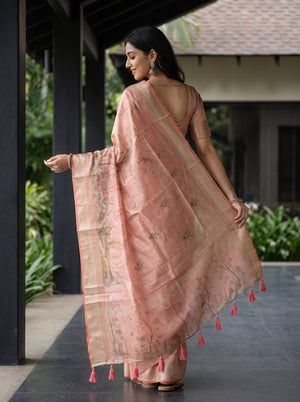 Tissue Saree in Peach with Watercolor Floral Garden Print