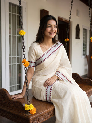 Cotton Cream Plain with Silver Zari Maroon Border Onam Special Kerala Kasavu Saree
