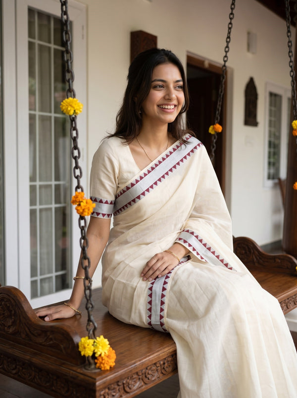 Cotton Cream Plain with Silver Zari Maroon Border Onam Special Kerala Kasavu Saree
