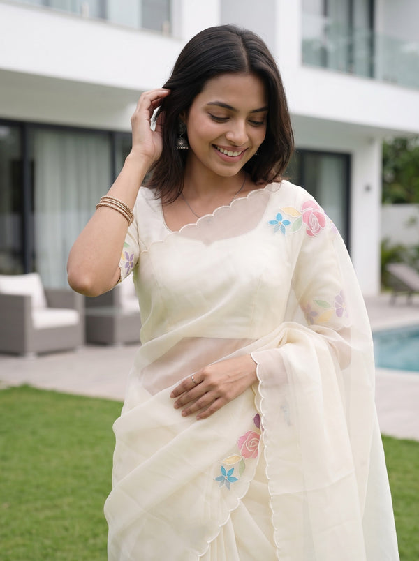 Organza Cream Plain Saree with Printed Rose Border and Scalloped Hem
