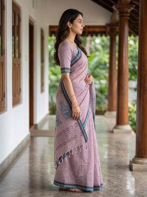 Cotton Mauve Teal Border Handloom Booti Saree with Tassels