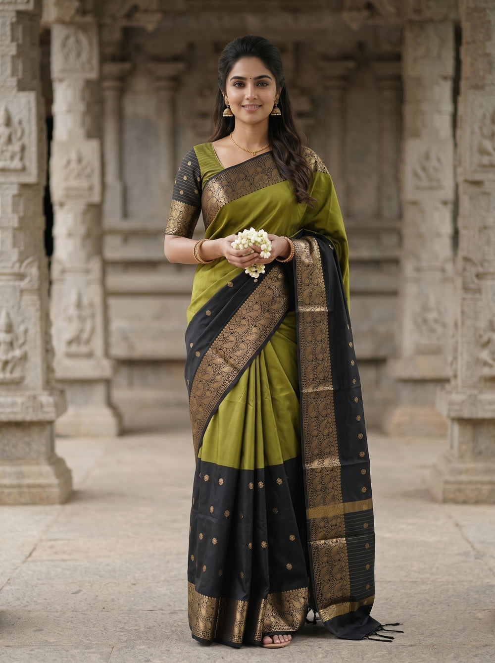 Semi Silk Olive Green Black Half and Half Golden Zari Saree with Tasseled Pallu