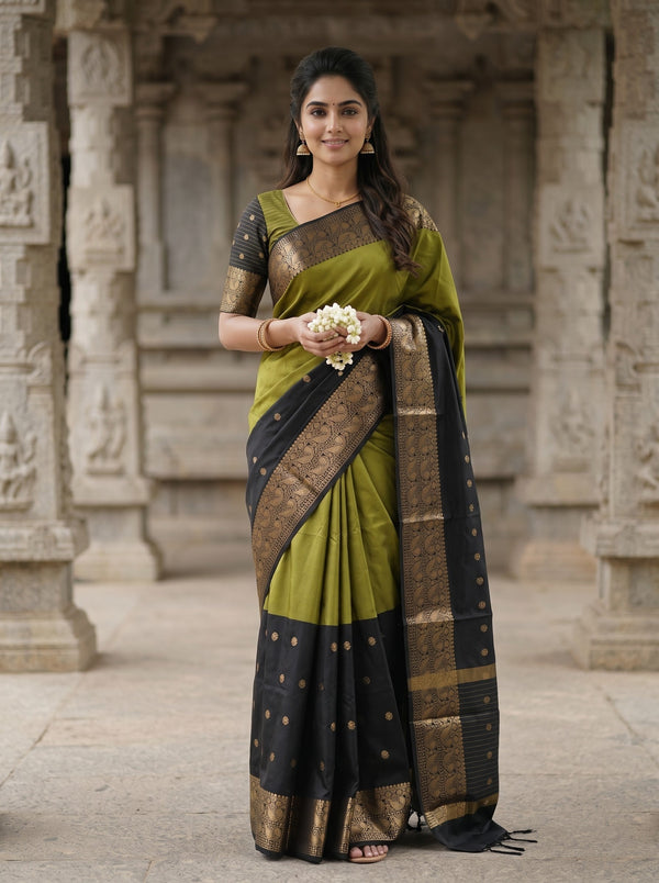Semi Silk Olive Green Black Half and Half Golden Zari Saree with Tasseled Pallu