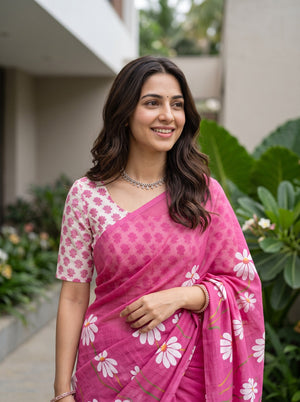 Cotton Magenta Saree with White Daisy Vine Print