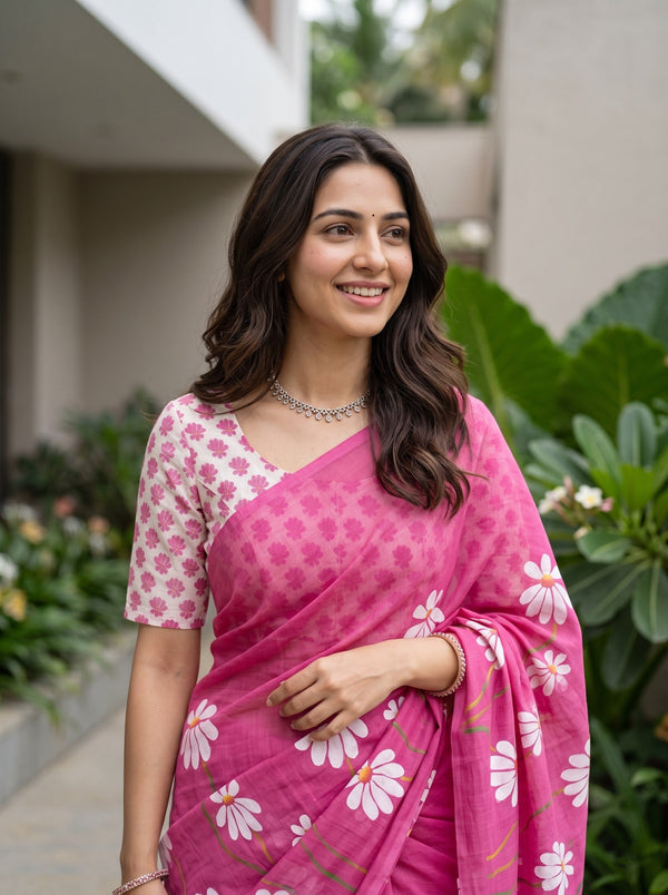 Cotton Magenta Saree with White Daisy Vine Print