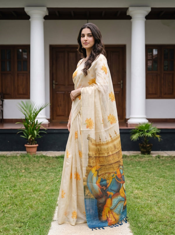 Tissue Cream Lotus Print Onam Special Kerala Saree with Vishnu Ananthasayanam Pallu