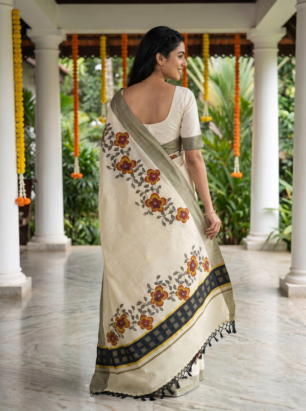 Tissue Cream Orange Floral Vine Print Onam Special Kerala Saree
