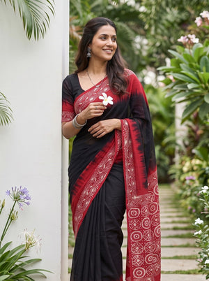 Cotton Maroon Saree with Black Floral Geometric Print