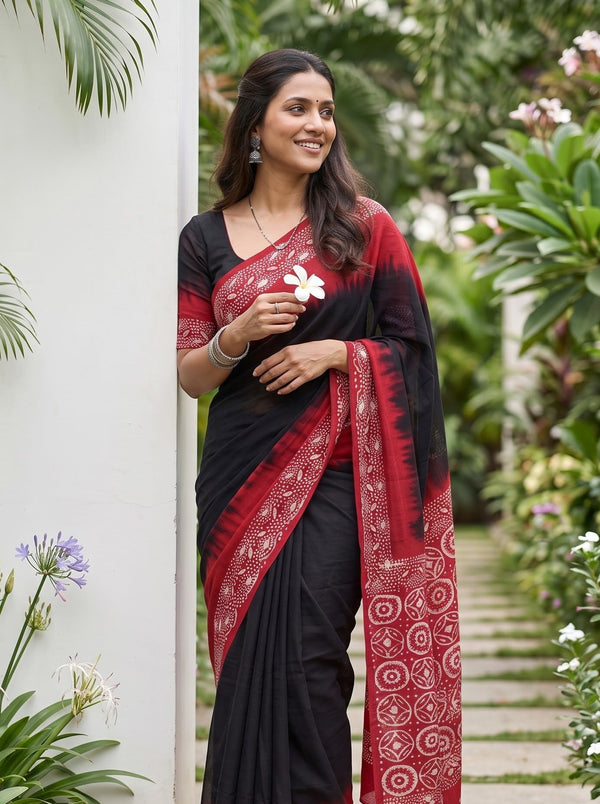 Cotton Maroon Saree with Black Floral Geometric Print
