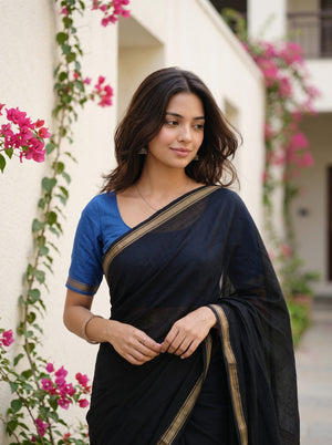 Cotton Black Saree with Golden Zari Striped Border and Tassels