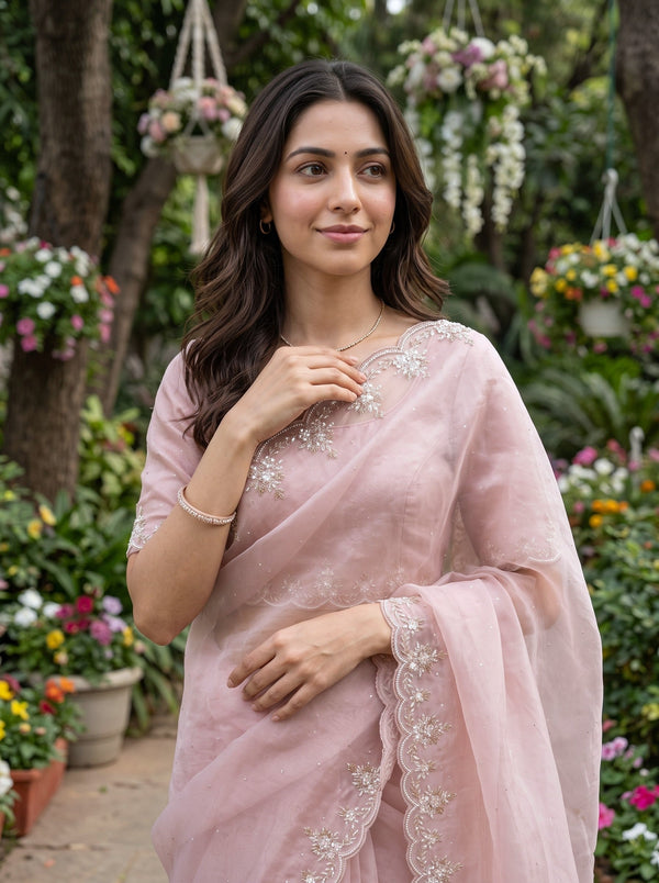Organza Dusty Pink Beaded Floral Scalloped Border Saree
