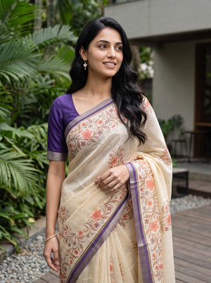 Linen Beige Botanical Print Saree with Grey Purple Border and Tassels