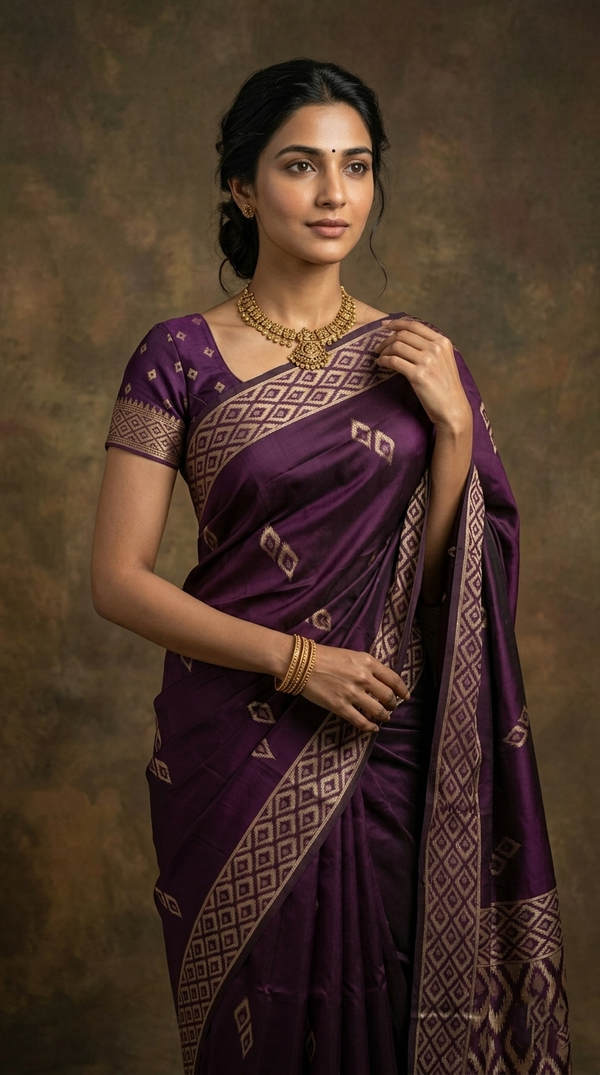 Art Silk Deep Purple Geometric Zari Border Saree