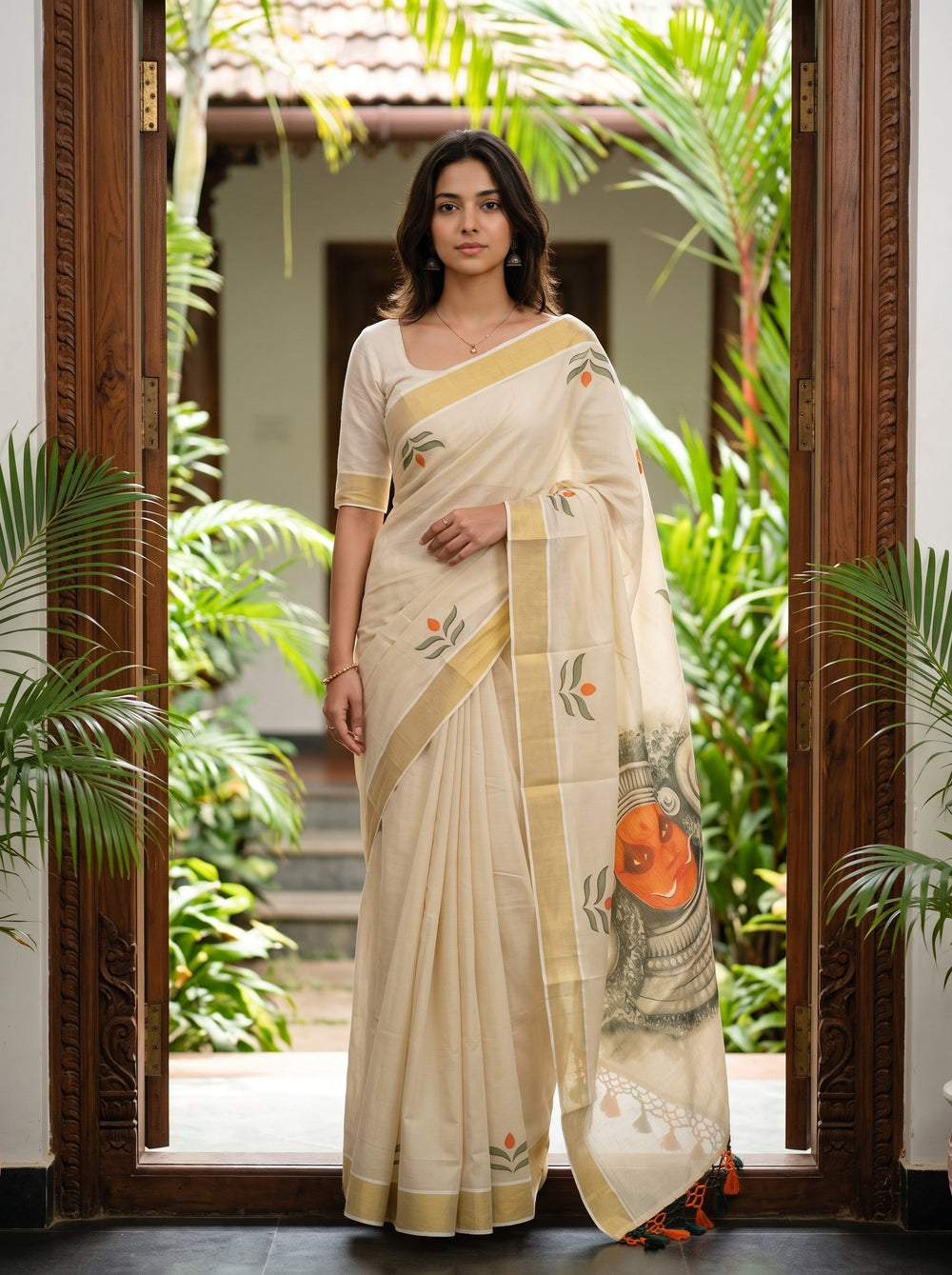 Tissue Cream Leaf Motif Wide Gold Border Kerala Kasavu Saree