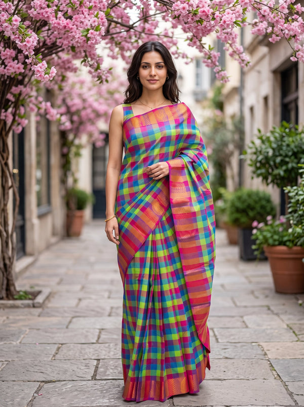 A woman stands outdoors on a stone walkway under pink flowering trees, wearing a bright multicolor plaid saree with a pink border and green, blue, yellow, and orange check pattern.