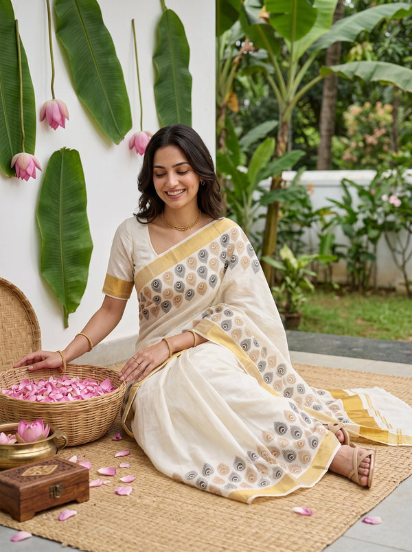 Cotton Cream Peacock Feather Print Gold Zari Border Onam Special Kerala Saree