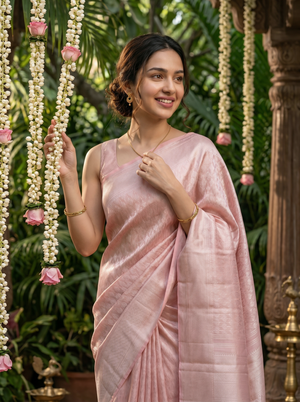 Kanjivaram Blush Pink Saree with Self-Tone Floral Booti Weave & Satin Border