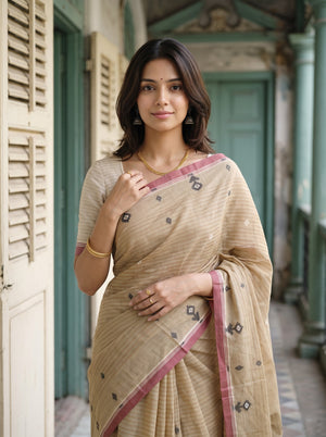 Cotton Sand Beige Floral Jaal Handloom Saree with Tassels