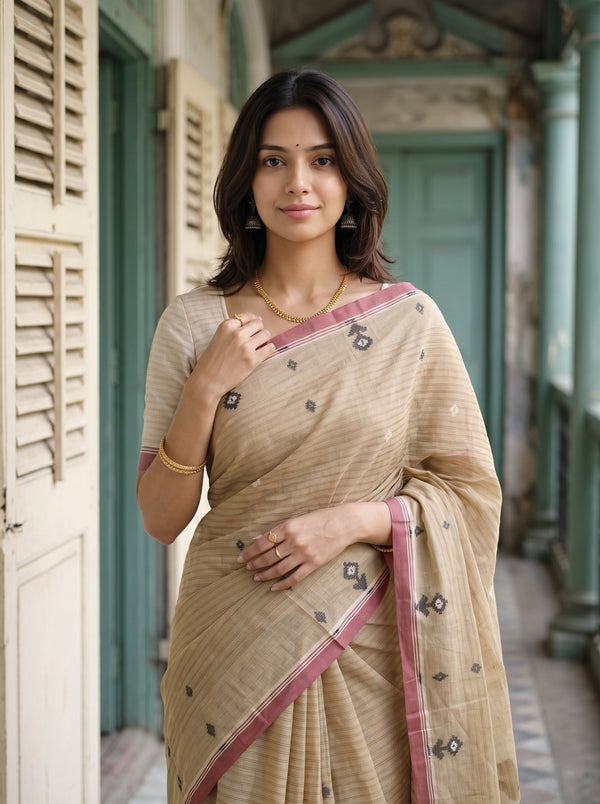 Cotton Sand Beige Floral Jaal Handloom Saree with Tassels
