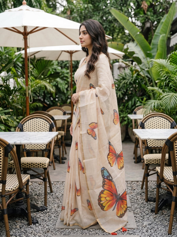 Linen Cream Butterfly Print Onam Special Kerala Saree with Golden Border